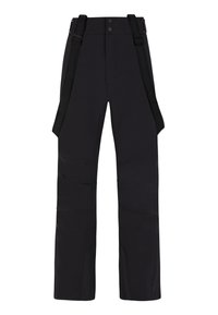 Zwarte outdoor broek met verstelbare bretels, een rechte snit, verstevigde knieën en een soepele textuur. Voorzien van twee knoopsluitingen aan de voorkant.