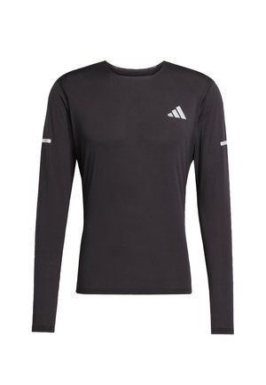 Black long-sleeve athletic shirt made of smooth fabric, featuring a round neck, reflective accents on sleeves, and a logo on the chest.