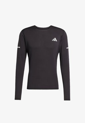 Schwarzes langärmeliges Sportshirt aus glattem Material, mit Rundhalsausschnitt, reflektierenden Akzenten an den Ärmeln und einem Logo auf der Brust.