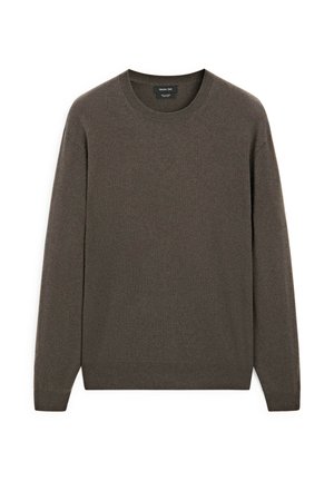 Brauner Langarm-Pullover mit Rundhalsausschnitt aus weichem Strickstoff, flach ausgelegt mit sichtbarem Etikett am Ausschnitt.
