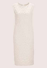 Ärmelloses Kleid aus cremefarbenem, strukturiertem Stoff mit einem erhabenen Muster, taillierter Silhouette und rundem Ausschnitt, knielang.