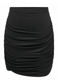Schwarzer geraffter Minirock aus elastischem Stoff, mit hohem Bund und weicher Textur sowie durchgehend gerafften Details.