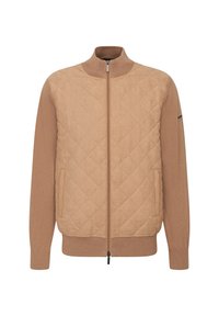 Hellbraune gesteppte Jacke mit hohem Kragen und Reißverschluss. Sie verfügt über einen glatten Stoffkörper und gerippte Strickärmel und -bündchen.