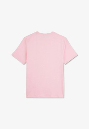T-shirt en coton rose avec un col rond et des manches courtes. Texture lisse, design simple et sans graphiques ni motifs visibles.