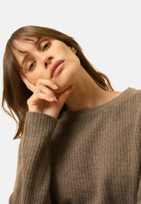 Brauner Strickpullover mit strukturiertem Muster, rundem Halsausschnitt und gerippten Bündchen. Das Material wirkt weich und warm. Modell stützt die Hand auf das Kinn.