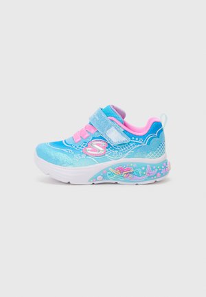 Light blue children's sneaker with glitter finish, pink accents, adjustable strap, and colorful mermaid designs on the sole.