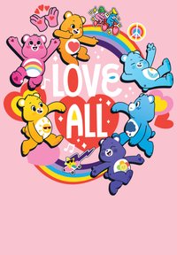 Bare v pestrých karikaturách v různých pozicích obklopují text "MILUJ VŠECHNY" na růžovém pozadí, s duhovými akcenty a hravými detailem.