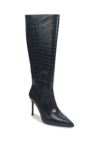 Melni ceļa auguma zābaki, izgatavoti no krokodilā iepērtas ādas. Norādīta pirksta daļa un augsta stiletto papēža. Gluda tekstūra ar elegantu, pielāgotu dizainu.