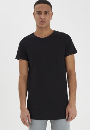 Black cotton t-shirt with a round neckline and rolled short sleeves, featuring a relaxed fit and smooth texture.
