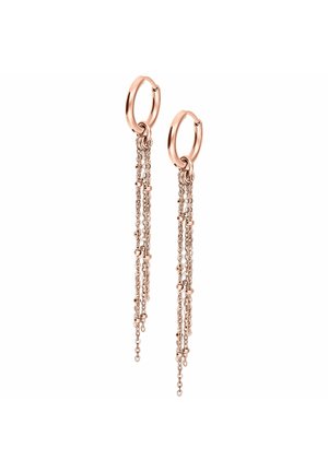 Roségold-Creolen mit mehreren zarten, hängenden Ketten, verziert mit kleinen runden Perlen, auf weißem Hintergrund dargestellt.