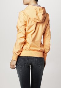 Giacca a vento arancione chiaro con cappuccio, dotata di polsini e orlo elasticizzati, caratterizzata da una texture liscia e un design semplice, vista da dietro.