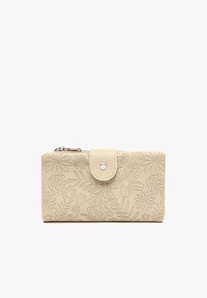 Béžová peněženka s embosovaným květinovým vzorem, se zapínáním na patentku a s kapsou na zip na vrchu. Vyrobena z texturovaného syntetického materiálu.