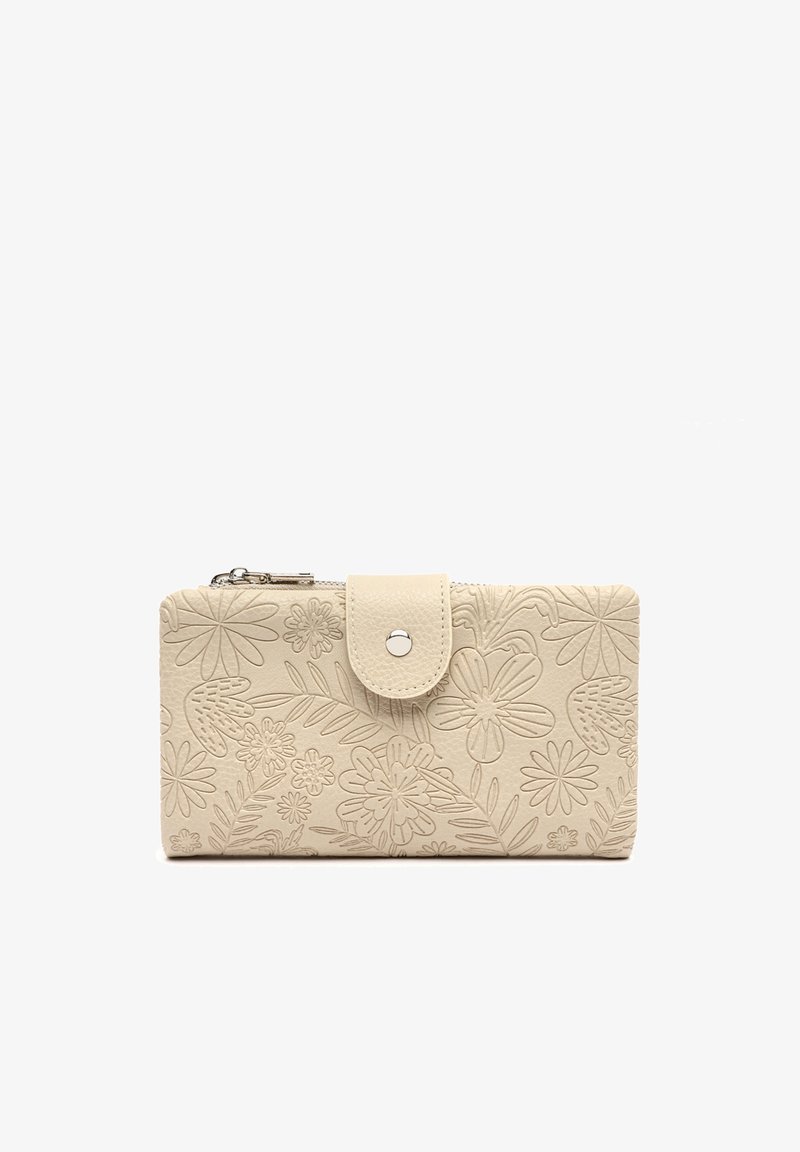 Bežna novčanica s reljefnim cvjetnim uzorkom, s kopčom na dugme i zippered pregradom na vrhu. Izrađena od teksturiranog sintetičkog materijala.