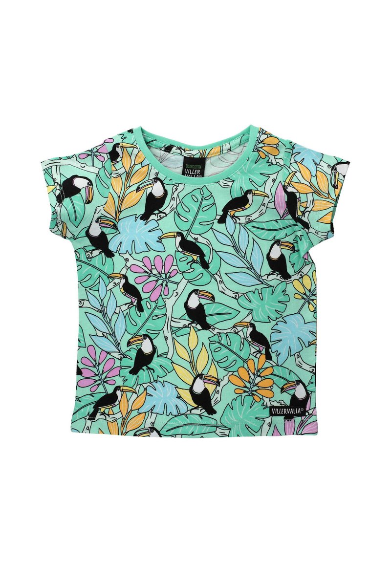 Short-sleeve mint green T-shirt with a tropical pattern featuring toucans and leaves in various colors. Soft, lightweight fabric.