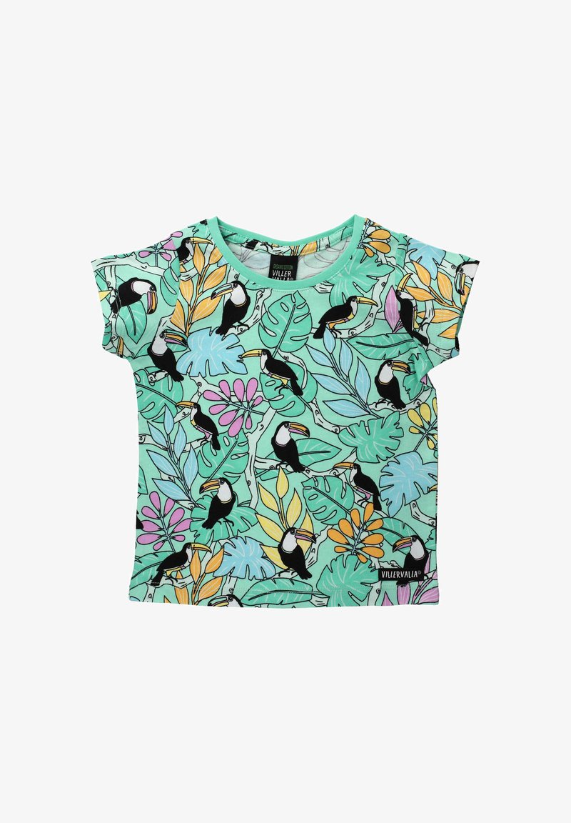 T-shirt à manches courtes vert menthe avec un motif tropical présentant des toucans et des feuilles de différentes couleurs. Tissu doux et léger.