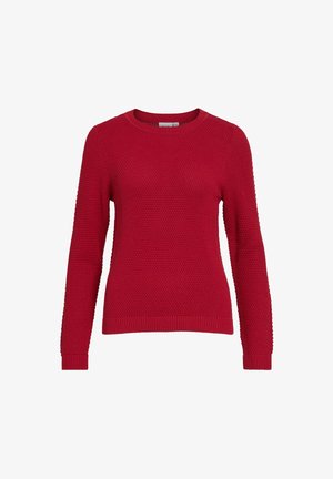 Czerwony sweter dziewiarski z okrągłym dekoltem, długimi rękawami, wzorem teksturowym oraz ściągaczami przy mankietach i u dołu. Wykonany z miękkiego, ciepłego materiału.