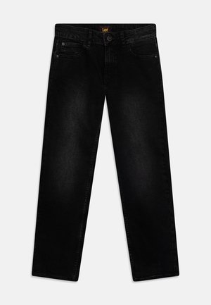 Jean en denim noir avec une coupe droite, doté de cinq poches, d'une fermeture à bouton et à glissière, et d'une finition en tissu texturé.