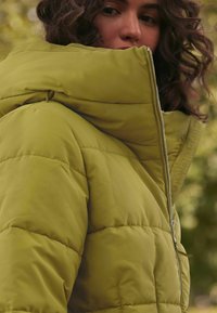Zelena puffer jakna s visokim ovratnikom, zatvaračem na zip i prošivenim uzorcima. Materijal izgleda glatko s blago sjajem.
