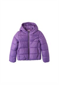 Giacca a pizzico viola con cappuccio, caratterizzata da un design trapuntato, chiusura frontale con zipper e orlo ed elastico ai polsini per calore e comfort.