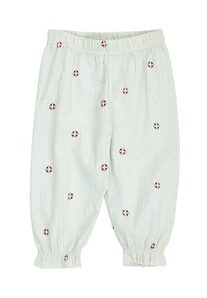 Jasnoniebieskie i białe paski, spodnie z elastyczną talią, marszczonymi mankietami i małymi nadrukami czerwono-białych kołnierzy ratunkowych.