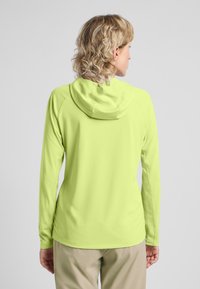 Langärmliges Kapuzenshirt in leuchtendem Limettengrün, aus leichtem Stoff mit glatter Textur und Raglanärmel.