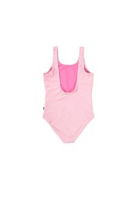Rosa badedrakt i ett stykke laget av glatt stoff med brede stropper og dyp utringning, med en kontrasterende rosa innside.