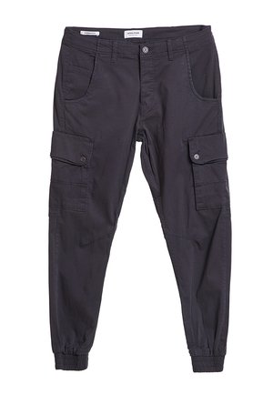 Dunkelgraue Cargohosen mit geknöpften Seitentaschen, elastischen Bündchen, Vordertaschen, Gürtelschlaufen und Knopfverschluss an der Taille.