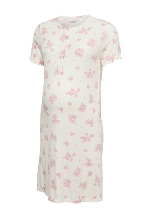 Kurzes cremefarbenes Nachthemd mit pinkfarbenem Blumenmuster, kurzen Ärmeln, rundem Ausschnitt und vorderen Druckknöpfen.