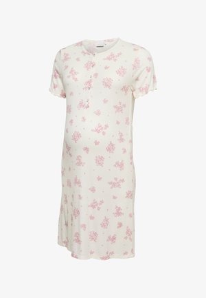 Korte crèmekleurige nachthemd met roze bloemenpatroon, korte mouwen, ronde hals en knoopsluiting aan de voorkant.