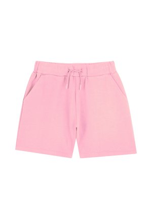 Lichtroze shorts van zachte stof, met een elastische tailleband met trekkoord, zijzakken en een eenvoudig zoomontwerp.