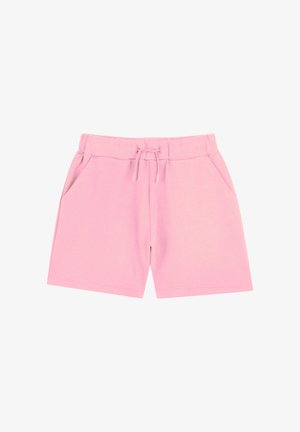 Lichtroze shorts van zachte stof, met een elastische tailleband met trekkoord, zijzakken en een eenvoudig zoomontwerp.