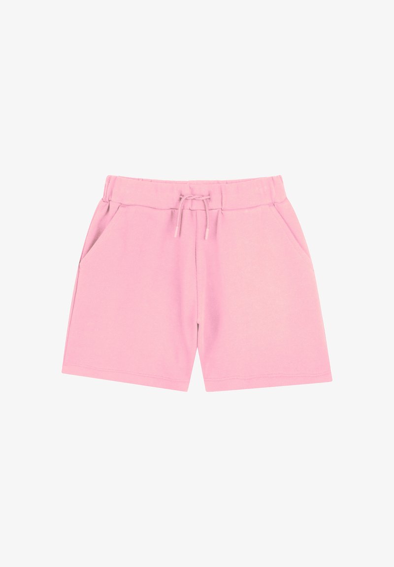 Shorts rose clair en tissu doux, avec une taille élastique à cordon, des poches latérales et un design d'ourlet simple.
