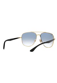 Occhiali da sole in metallo con montatura dorata, lenti blu sfumate e aste in acetato nero. Presentano angoli arrotondati e naselli regolabili.