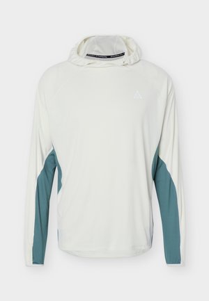 Long-sleeve white hooded sports top with teal mesh panels along sleeves and sides, featuring a small logo on the chest.