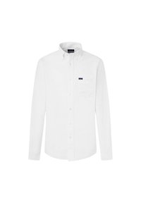 Camisa blanca de botones con mangas largas, un cuello y un bolsillo. Hecha de algodón con una textura suave. Presenta un pequeño logo en el pecho.