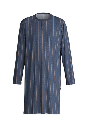 Langdroghe shirt in marineblauw met lichtbruine verticale strepen en kleine patronen. Heeft een ronde hals en een enkele borstzak.