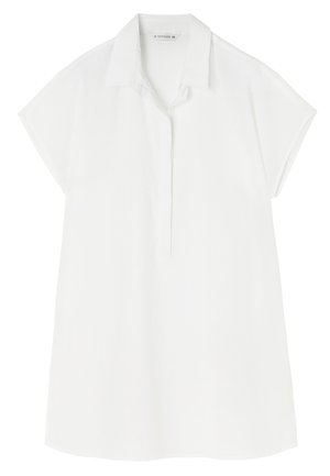 Cămașă albă cu mânecă scurtă, cu guler și un front parțial butonat. Fabricată dintr-un material ușor, având o croială lejeră.