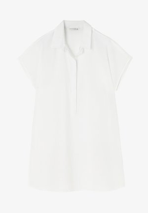 Cămașă albă cu mânecă scurtă, cu guler și un front parțial butonat. Fabricată dintr-un material ușor, având o croială lejeră.