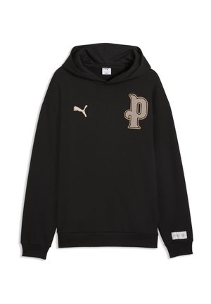 Black hooded sweatshirt with beige Puma logo on left chest and a large stylized "p" patch on right chest, ribbed cuffs, and a small patch on sleeve.