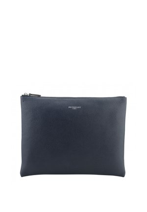 Pochette rectangulaire en cuir bleu foncé avec fermeture éclair et petite étiquette indiquant "POURCHET" centrée près du bord supérieur.