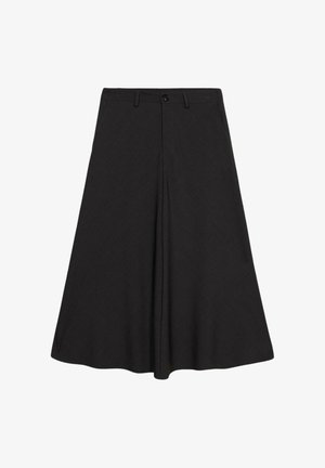 Black A-line skirt made of fabric with a subtle texture. Features a button closure and two front pleats, falling just below the knee.