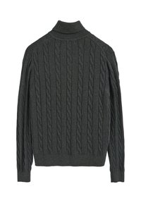 Dunkelgrauer Kabelstrickpullover mit hohem Kragen und gerippten Bündchen. Das strukturierte Muster verläuft vertikal entlang des Stoffes.