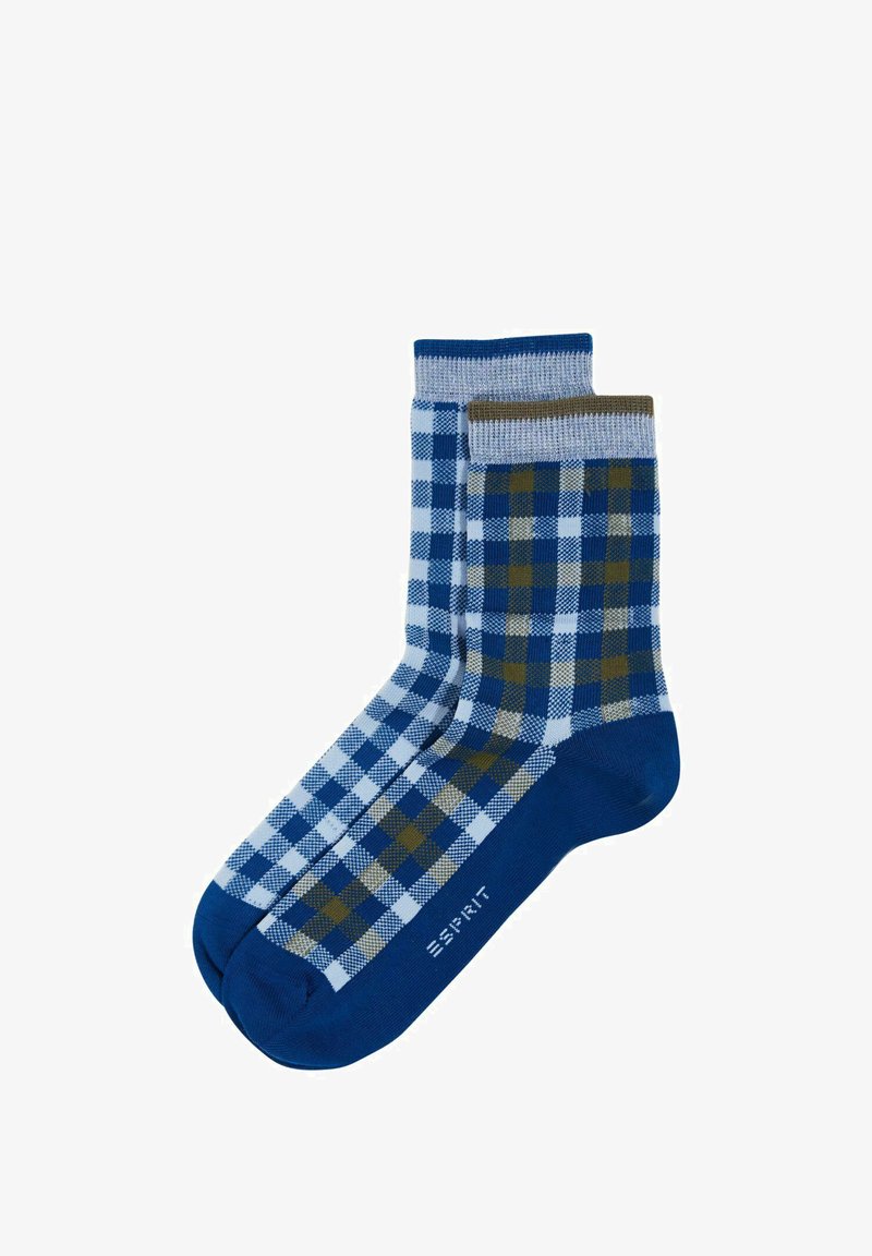 Chaussettes à carreaux bleu et bleu clair avec des accents verts, dotées d'un revers côtelé, d'un bout et d'un talon contrastants, et d'une texture lisse.