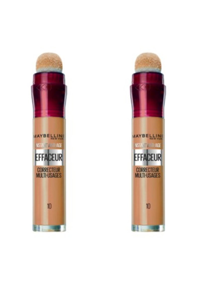 Deux tubes de correcteur beige avec des applicateurs en éponge arrondis, des bouchons bordeaux et des bases transparentes étiquetées "Effaceur" et "10".