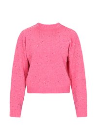 Rózsaszín kötött pulóver kerek nyakkivágással, hosszú ujjal és bordázott mandzsettával; a felületén színes foltok találhatók.