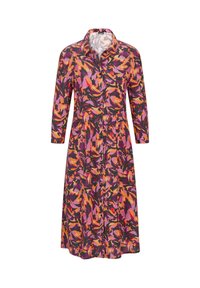 Knopfkleid mit Kragen, das ein lebhaftes, mehrfarbiges Blättermuster in Orange, Pink und Schwarz auf leichtem Stoff zeigt.