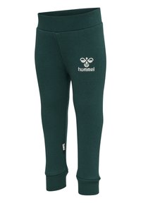 Ribbstickade gröna leggings med en vit logotyp på vänster ben och en elastisk midja för komfort och passform.