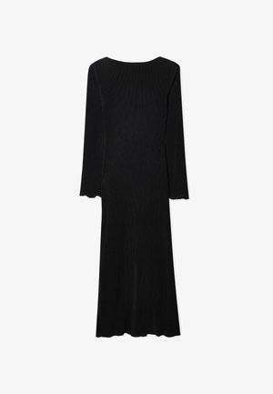 Robe longue à manches longues noire à côtes avec un corsage ajusté, un ourlet évasé et des bords de manches festonnés. Présente un col rond et une texture lisse.