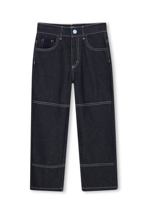 Pantalon en denim bleu foncé avec surpiqûres claires, bouton bleu, poches avant et détails des coutures sur les genoux et les jambes.