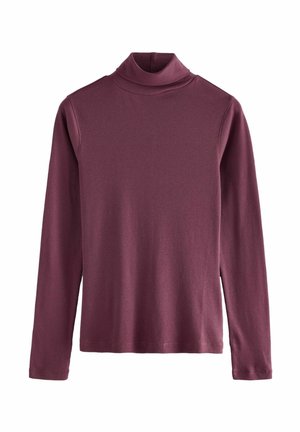 Burgundská turtleneck s dlouhým rukávem s žebrovanou strukturou a přiléhavým střihem, s vysokým límcem a rovnými okraji.